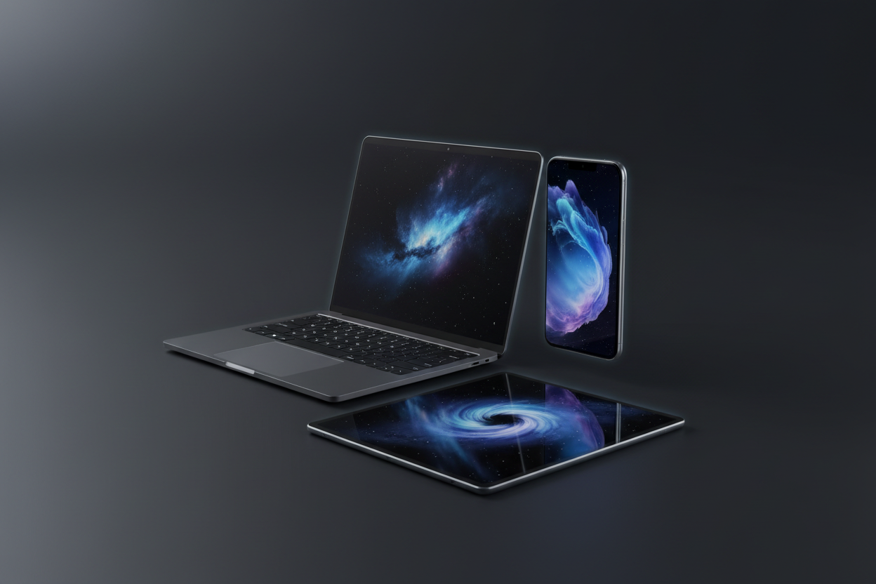 telefoon, laptop, tablet afbeelding donkere achtergrond